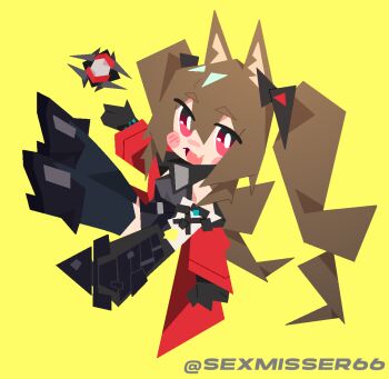 1girl angelina_(arknights) animal_ear_fluff animal_ears arknights arknights:_endfield black_shoes black_thighhighs blush_stickers brown_hair chinese_commentary coat commentary_request deformed dress fang fox_ears fox_girl full_body gilberta_(arknights) grey_dress hair_between_eyes headpiece high_collar infection_monitor_(arknights) long_hair long_sidelocks long_sleeves looking_at_viewer off_shoulder open_clothes open_coat originium_(arknights) outstretched_arm red_coat red_eyes sexmiss shoes short_dress sidelocks simple_background skin_fang solo thighhighs twintails twitter_username very_long_hair yellow_background