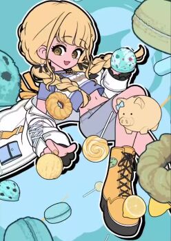 1girl :d animated arimoto_wataru blonde_hair braid campus_mode!!_(idolmaster) candy crop_top dessert donut food french_cruller fruit fujita_kotone gakuen_idolmaster ice_cream idolmaster lemon lollipop macaron navel open_mouth piggy_bank popsicle smile solo tagme twin_braids video