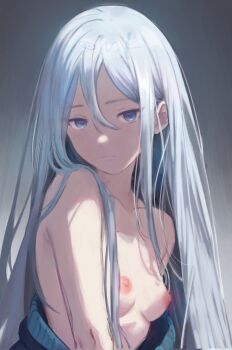 1girl absurdres bare_shoulders blue_eyes breasts closed_mouth collarbone expressionless gradient_background grey_background hair_between_eyes highres long_hair looking_at_viewer nipples off_shoulder oink_(oinkoinkoi) project_sekai small_breasts solo upper_body very_long_hair yoisaki_kanade