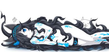 Rule 34 | 1girl, absurdly long hair, animal ears, black hair, blue eyes, body markings, cat (nyanko daisensou), cat ears, cat girl, completely nude, convenient censoring, dark kasli (nyanko daisensou), feet out of frame, convenient hair, hair over one eye, hairband, hayashiya zankurou, kasli (nyanko daisensou), long hair, looking at viewer, lying, messy hair, nude, nyanko daisensou, oekaki, on side, pale skin, thigh strap, very long hair, wavy hair, wavy mouth