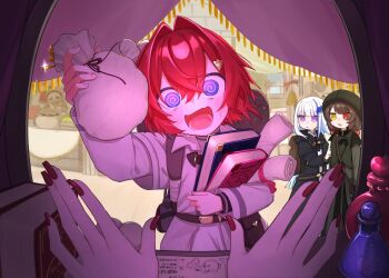 1boy 3znk 5girls @_@ ange_katrina backpack bag belt black_bow black_bowtie black_coat blue_hair blunt_bangs blush book bottle bow bowtie brown_bag brown_belt brown_hair coat coin coin_purse colored_inner_hair crazy crossed_bangs day dress excited fingernails fisheye glint gold_coin green_dress green_hat grey_coat hair_between_eyes hair_intakes hair_ornament hand_up hashtag-only_commentary hat head_tilt heterochromia highres holding holding_book holding_scroll in_bottle in_container inui_toko jitome lize_helesta long_fingernails long_hair long_sidelocks long_sleeves looking_at_another looking_at_viewer lower_teeth_only mandragora_(ange_katrina) market market_stall money money_bag multicolored_hair multiple_girls nail_polish nijisanji no_pupils official_alternate_costume open_mouth out_of_frame outdoors page_of_lambda parted_lips perfume_bottle potion pov pov_across_table purple_eyes red_eyes red_hair red_nails red_scrunchie sanbaka_(nijisanji) scroll scrunchie shirt shopping short_hair shoulder_bag sidelocks smile streaked_hair sweat teeth triangle_hair_ornament two-tone_hair unamused very_long_hair virtual_youtuber white_bag white_hair white_shirt wide-eyed yellow_eyes