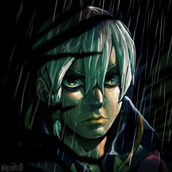 1boy absurdres androgynous braid commentary english_commentary foliage frown green_eyes grey_hair hair_between_eyes hair_ornament highres hood hood_down jodio_joestar jojo_no_kimyou_na_bouken lipstick looking_at_viewer makeup male_focus namnums portrait rain short_hair shorts side_braid single_braid single_tear solo star_(symbol) star_hair_ornament tears the_jojolands v-shaped_eyebrows wet yellow_lips