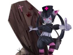 Rule 34 | 1girl, :d, bag, black hair, black hat, black shirt, black shorts, bloody handprints, bmp-to-png conversion, brown bag, chrome (mon-musu quest!), coffin, colored skin, cowboy shot, crop top, cross, demon girl, dirt, game cg, gloves, grey skin, hand on wall, handprint, hat, horizontal-striped thighhighs, horns, index finger raised, knee up, long hair, looking at viewer, midriff, mon-musu quest!, non-web source, nurse cap, open mouth, pink eyes, pink horns, pink thighhighs, puffy short sleeves, puffy sleeves, purple thighhighs, red cross, ringed eyes, rubber gloves, shirt, short sleeves, shorts, shoulder bag, simple background, smile, solo, spoilers, suspender shorts, suspenders, thighhighs, transparent background, twintails, un do, v-shaped eyebrows