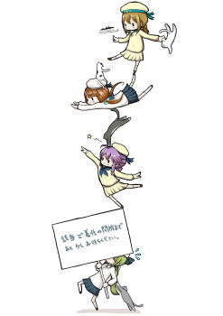 Rule 34 | 10s, 4girls, blonde hair, blue skirt, blush stickers, brown hair, cat, error musume, girl beaten by a cat (kancolle), girl behind a cat (kancolle), girl holding a cat (kancolle), green hair, hat, highres, holding, holding sign, kantai collection, kneeling girl (kancolle), long hair, long sleeves, multiple girls, ponytail, purple hair, satsumaimo pai, ship, shoes, short hair, shoshinsha mark, sign, simple background, skirt, socks, standing, star (symbol), translation request, twintails, watercraft, white background, white cat, yellow skirt