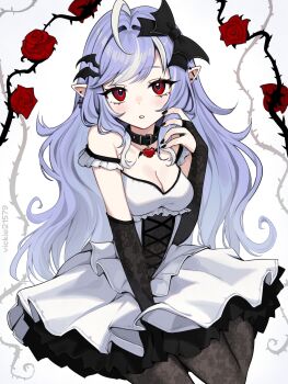 1girl artist_name belt_collar black_pantyhose black_ribbon blush breasts cleavage collar commentary_request cross cross-laced_clothes cross_earrings detached_sleeves dress ear_piercing earrings floral_print flower hair_ornament hairpin highres jewelry lace lace_pantyhose lace_sleeves long_hair looking_at_viewer mole mole_under_eye nail_polish pantyhose patterned_clothing pendant_choker piercing pointy_ears purple_hair red_eyes red_flower red_rose ribbon rose see-through_clothes solo spikes vickie_(cryingrobot) vivian_banshee white_background zenless_zone_zero