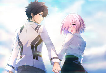 1boy 1girl black_hair black_skirt blue_eyes blush commentary_request cowboy_shot fate/grand_order fate_(series) from_behind fujimaru_ritsuka_(male) fujimaru_ritsuka_(male)_(decisive_battle_chaldea_uniform) glasses holding_hands interlocked_fingers jacket looking_back mash_kyrielight mash_kyrielight_(chaldea_uniform) open_mouth purple_eyes purple_hair short_hair skirt smile tsuezu white_jacket
