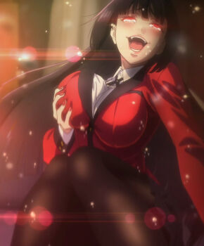 1girl anime_screenshot breasts female_focus glowing glowing_eyes grabbing_own_breast highres jabami_yumeko kakegurui large_breasts long_hair looking_at_viewer nail_polish red_eyes solo stitched tagme third-party_edit