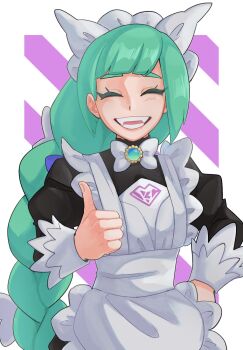 1girl apron blunt_bangs braid braided_ponytail closed_eyes green_hair hand_on_own_hip highres juliet_sleeves lebanne_(pokemon) long_hair long_sleeves maid maid_apron maid_headdress nintendo open_mouth pink_lips pokemon pokemon_legends:_z-a puffy_sleeves smile solo tastastanta thumbs_up upper_body