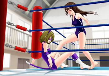 Rule 34 | #13, animal ears, ayano (#13), barefoot, blush, cat ears, domination, feet, femdom, forced, humiliation, kicking, spread legs, sumire (#13), swimsuit, toeless legwear, toes, wrestling, wrestling ring, yuri
