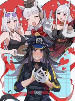 2girls animal_ears black_hair black_one-piece_swimsuit blunt_bangs blush breasts cleavage commentary_request ear_covers fenomeno_(umamusume) gloves gold_ship_(umamusume) grin hands_on_own_chest highres himo_(user_rzgz5877) horse_ears horse_girl horse_tail imagining large_breasts long_hair looking_at_viewer multiple_girls multiple_views one-piece_swimsuit open_mouth pillbox_hat pink_eyes purple_eyes smile sweat swimsuit tail teeth umamusume v white_gloves white_hair