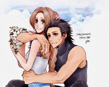 1boy 1girl aerith_gainsborough artist_name bare_arms black_hair black_pants blue_eyes blue_shirt braid braided_ponytail breasts brown_hair cloud cloudy_sky couple crisis_core:_final_fantasy_vii dress facial_scar final_fantasy final_fantasy_vii flower green_eyes hair_ribbon hair_slicked_back hand_on_another's_arm hetero highres holding holding_flower hug hug_from_behind long_hair looking_back medium_breasts medium_hair pants parted_bangs pink_ribbon ribbon scar scar_on_cheek scar_on_face shirt sky sleeveless sleeveless_turtleneck smile turtleneck upper_body white_dress yco_030601 zack_fair