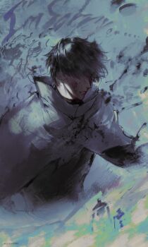 1boy 2others absurdres belle_(shadow_slave) black_hair black_shirt blood blood_on_face clenched_teeth cloak dorn_(shadow_slave) english_text hair_over_eyes highres logicsterrr male_focus mini_person multiple_others popped_collar shadow_slave shirt short_hair sidelighting solo_focus sunny_(shadow_slave) teeth upper_body walking