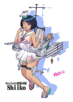 1girl artist_name bikini_tan black_hair blue_eyes breasts character_name commentary_request cosplay dated diagonal-striped_clothes diagonal-striped_neckerchief dress full_body gundam gundam_gquuuuuux hat holding holding_torpedo kantai_collection large_breasts libeccio_(kancolle) libeccio_(kancolle)_(cosplay) low-cut_armhole mini_hat moke_ro neckerchief rigging sailor_collar sailor_dress shiiko_sugai short_hair side-tie_dress sideboob simple_background sleeveless sleeveless_dress smile solo striped_clothes striped_neckerchief tan tanline torpedo torpedo_launcher twitter_username white_background white_dress white_sailor_collar