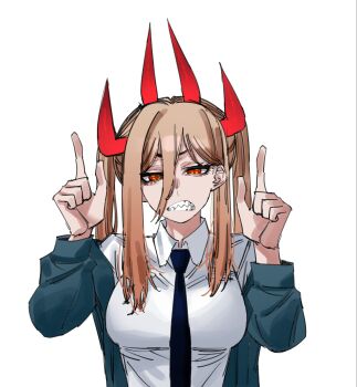 1girl alternate_breast_size_(larger) alternate_hairstyle black_necktie blue_jacket breasts chainsaw_man clenched_teeth commentary_request cross-shaped_pupils hair_ears highres horns index_fingers_raised jacket korean_commentary large_breasts necktie power_(chainsaw_man) pqeoqp red_eyes red_horns sharp_teeth shirt sidelocks solo symbol-shaped_pupils teeth twintails upper_body white_shirt