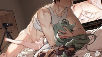 1boy 1girl age_difference ahoge akashi_(azur_lane) animal_ears aqua_hair ass azur_lane bar_censor barefoot bed bikini blvefo9 bottomless censored clothed_sex cum cum_on_body hand_on_another's_head hetero highres hug legs loli long_hair lying mating_press missionary on_back on_bed pillow screen sex side-tie_bikini_bottom swimsuit twintails used_tissue video_camera