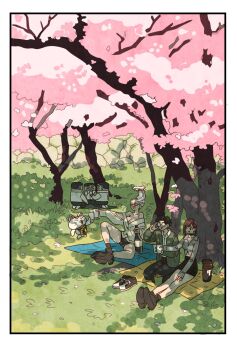 2girls 4boys alien ayase_momo ayase_seiko bare_legs bare_shoulders bell black_choker black_hair black_pants black_shoes black_skirt border bottle breasts brown_hair cardigan cat cherry_blossoms choker cleavage collared_shirt commentary cup dandadan dappled_sunlight earrings full_body glasses grandmother_and_granddaughter grass green_jacket highres holding holding_bottle holding_cup jacket jewelry large_breasts long_hair long_sleeves medium_hair midriff_peek miniskirt multiple_boys multiple_girls neck_bell open_mouth outdoors pants picnic picnic_blanket pink_petals round_eyewear sake_bottle seiza serpo_(dandadan) shirt shoes short_hair sitting skirt sleeves_past_wrists smile sunlight takakura_ken_(dandadan) takeuchi_ryousuke tree turbo_granny_(dandadan) under_tree unworn_shoes white_border white_hair white_shirt