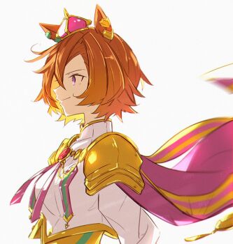 1girl animal_ears armor breasts cape closed_mouth cropped_torso crown domdam80 gold_corset hair_between_eyes horse_ears horse_girl long_sleeves looking_to_the_side mini_crown orange_hair pink_cape pink_crown purple_eyes shirt short_hair shoulder_armor simple_background smile solo t.m._opera_o_(o_sole_suo!)_(umamusume) t.m._opera_o_(umamusume) umamusume upper_body white_background white_shirt