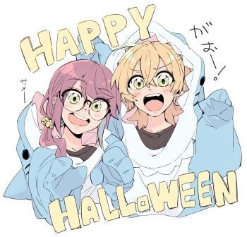 2girls :d animal_costume animal_hood bbr_brbr bell black-framed_eyewear black_shirt blonde_hair blush claw_pose cropped_torso daiba_nana gao glasses green_eyes hair_bell hair_between_eyes hair_ornament hair_over_shoulder hands_up happy_halloween highres hood hood_up hoshimi_junna jingle_bell long_hair looking_at_viewer low_side_ponytail multiple_girls open_mouth over-rim_eyewear purple_hair semi-rimless_eyewear shark_costume shark_hood shirt short_hair shoujo_kageki_revue_starlight side-by-side side_ponytail simple_background smile teeth translated upper_body upper_teeth_only v-shaped_eyebrows white_background