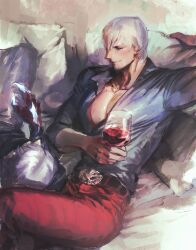 Rule 34 | 2boys, alcohol, bara, beard, belt, bishounen, closed eyes, couch, cup, dante (devil may cry), devil may cry, devil may cry (series), devil may cry 4, drinking glass, drunk, facial hair, formal, hair over one eye, highres, holding, lap pillow, large pectorals, lying, lying on lap, lying on person, male focus, multiple boys, muscular, muscular male, nero (devil may cry), on side, open clothes, open shirt, pants, pectorals, red pants, red wine, shirt, sitting, sleeping, sleeping on person, smile, tight clothes, tight shirt, toned, toned male, uncle and nephew, upper body, wenwen 0902, white hair, white shirt, wine, wine glass