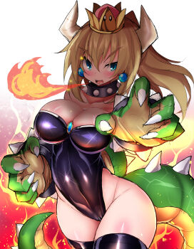 1girl bare_shoulders blonde_hair blue_eyes bowsette bracelet breasts breath_weapon breathing_fire claws cleavage collar crown earrings female_focus fire highres horns jewelry large_breasts leotard long_hair looking_at_viewer mario_(series) nagai_wataru new_super_mario_bros._u_deluxe nintendo ponytail sharp_teeth smile solo spiked_bracelet spiked_collar spikes super_crown tail teeth