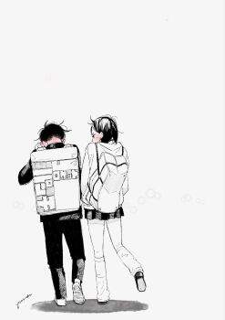 1boy 1girl adjusting_eyewear ayase_momo backpack bag black_hair black_jacket black_pants blush dandadan earrings full_body gakuran highres jacket jewelry looking_at_another loose_socks medium_hair monochrome pants pleated_skirt school_uniform short_hair signature skirt socks sweater takakura_ken_(dandadan) walking white_background yura0210_1017