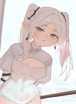 1girl arch_05x arms_behind_back breasts cleavage cleavage_cutout closed_mouth clothing_cutout commentary covered_navel earrings elf english_commentary frieren green_eyes highres jewelry juliet_sleeves leotard long_hair long_sleeves looking_at_viewer mage_staff parted_bangs pointy_ears puffy_sleeves small_breasts solo sousou_no_frieren staff teardrop_earrings twintails white_hair white_leotard