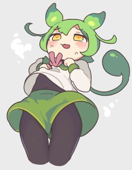 Rule 34 | 1girl, :3, alternate costume, animal ears, black bodysuit, blush, bodysuit, bodysuit under clothes, commentary request, covered navel, cowboy shot, cropped legs, double-parted bangs, embarrassed, floating hair, from below, green hair, green sailor collar, green shorts, grey background, hands up, long hair, long sleeves, low ponytail, neck ribbon, open mouth, pink ribbon, ponytail, ribbon, sailor collar, sakamoto ahiru, shirt, shorts, simple background, solo, steaming body, sweat, tail-shaped hair, voicevox, white shirt, yellow eyes, zundamon