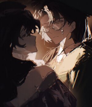 2girls backlighting bare_shoulders black_hair brown_background brown_hair closed_mouth commentary dress english_commentary eye_contact eyewear_strap face-to-face facing_another glasses highres isolde_(reverse:1999) kakania_(reverse:1999) long_hair looking_at_another multiple_girls profile purple_dress reverse:1999 round_eyewear semi-rimless_eyewear short_hair under-rim_eyewear upper_body wilson_(wilson1151487)