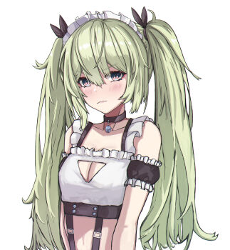 1girl absurdres alternate_costume bare_shoulders bell breasts cleavage_cutout clothing_cutout commentary_request highres honkai_(series) honkai_impact_3rd kabuto_tong looking_at_viewer maid maid_headdress medium_breasts midriff mobius_(honkai_impact) navel neck_bell official_alternate_hairstyle simple_background slit_pupils solo twintails upper_body white_background