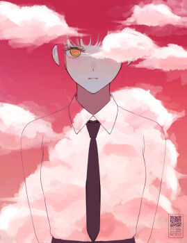 1girl absurdres black_necktie chainsaw_man closed_mouth cloud cloudy_sky collared_shirt commentary expressionless gm_gn8 highres looking_at_viewer makima_(chainsaw_man) necktie pink_sky ringed_eyes shirt sky solo white_shirt yellow_eyes