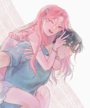 1boy 1girl alien_stage black_eyes black_hair blue_shirt bracelet carrying chimfucius commentary english_commentary fang food-themed_hair_ornament frills hair_ornament hairclip highres ivan_(alien_stage) jewelry mizi_(alien_stage) piggyback pink_hair pink_nails rabbit_hair_ornament shirt strawberry_hair_ornament yellow_eyes