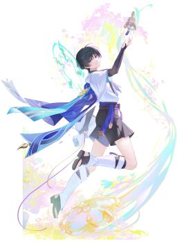 1boy absurdres animal_print aqua_halo arm_at_side arm_up armor belt bird_print black_belt black_bridal_gauntlets black_sandals black_shorts blue_cape blue_sleeves blunt_ends border bouquet bridal_gauntlets bright_pupils cape commentary_request eyeliner falling_petals floating flower from_side full_body furisode genshin_impact gold gold_bell hakama hakama_shorts halo halo_behind_head hat highres holding holding_bouquet japanese_armor japanese_clothes jingasa kimono korean_commentary kote kurokote layered_sleeves leg_warmers levitation looking_at_viewer magic_circle makeup male_focus mandala midair open_hand open_mouth petals pleated_shorts purple_eyes purple_hat purple_petals purple_rope purple_sash red_eyeliner rope sandals sash scaramouche_(genshin_impact) short_sleeves shorts solo stirrup_legwear sugarcanedove tassel toeless_legwear tulaytullah's_remembrance_(genshin_impact) unworn_hat unworn_headwear wanderer_(genshin_impact) white_border white_kimono white_leg_warmers white_mouth white_pupils white_sleeves wind wispy_bangs zouri