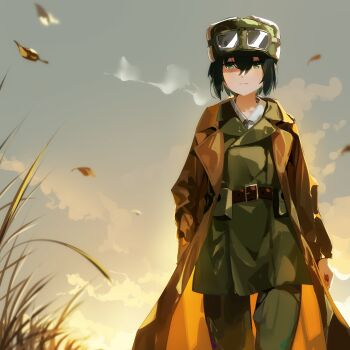 1girl absurdres androgynous belt belt_buckle belt_pouch black_hair brown_coat buckle closed_mouth coat collared_shirt commentary cowboy_shot expressionless falling_leaves goggles goggles_on_headwear gradient_sky grass green_eyes green_jacket green_pants grey_sky hair_between_eyes hat highres jacket kino_(kino_no_tabi) kino_no_tabi leaf open_clothes open_coat outdoors pants pouch shirt short_hair sky solo trench_coat twilight ushanka yellow_sky yoojp