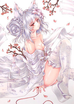 animal_ear_fluff animal_ears areola_slip ass azur_lane bare_shoulders blooming blunt_bangs bow bow_legwear braid braided_bun branch breasts cat_ears cleavage collarbone commentary_request double_bun eyebrows fingernails flower from_side geta glaring gluteal_fold hair_bun hair_flower hair_ornament high_heels highres japanese_clothes kimono knee_up long_hair long_sleeves looking_at_viewer marker_(medium) medium_breasts mktr_(princess_mktr) nail_polish obi obiage obijime off_shoulder okobo parted_bangs parted_lips petals pink_flower pink_nails platform_clogs platform_sandals red_eyes red_flower sandals sash sidelocks simple_background solo string string_around_finger string_of_fate tagme thighhighs thighs traditional_media twin_braids white_background white_bow white_hair white_kimono white_sash white_thighhighs wide_sleeves yukikaze_(azur_lane)