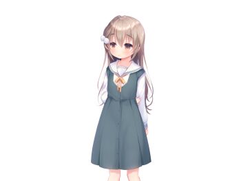 1girl aiyoku_shimai_lolita arm_behind_back atori_(aiyoku_shimai_lolita) blush brown_hair buttons closed_mouth collared_shirt dress feet_out_of_frame game_cg green_dress hair_between_eyes hair_ornament large_variant_set long_hair long_sleeves looking_to_the_side neck_ribbon non-web_source orange_eyes pinafore_dress piyodera_mucha pom_pom_(clothes) pom_pom_hair_ornament ribbon sailor_collar shirt simple_background sleeveless sleeveless_dress solo standing tachi-e transparent_background variant_set white_sailor_collar white_shirt yellow_ribbon