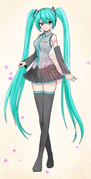 1girl aqua_eyes aqua_hair aqua_necktie arm_tattoo breasts detached_sleeves frilled_skirt frills full_body hatsune_miku heart highres light_smile name_tag necktie rai3star shirt simple_background skirt sleeveless sleeveless_shirt solo standing tattoo thighhighs vocaloid