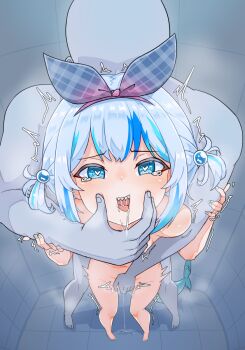 1boy 1girl bare_legs bare_shoulders barefoot blue_eyes blue_hair blue_headband blue_nails blush bow breasts cheek_squash completely_nude dark_blue_hair dot_nose drooling face_squeeze faceless faceless_male facing_viewer fingering fingernails fins fish_tail from_above full_body gawr_gura hand_on_another's_face headband heart heart-shaped_pupils hetero highres hololive hololive_english light_blue_hair loli looking_at_viewer moral_cacoethes motion_lines multicolored_hair nail_polish navel nipples nude open_mouth pussy_juice rape saliva shadow shark_girl shark_tail sharp_teeth short_twintails size_difference small_breasts solo_focus standing struggling swept_bangs symbol-shaped_pupils tail tearing_up tears teeth tile_floor tile_wall tiles toes tongue tongue_out trembling twintails upper_teeth_only virtual_youtuber