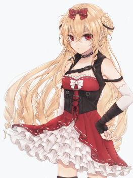 1girl bare_shoulders belt black_belt black_choker blonde_hair bodice bow braid braided_bun breasts chest_belt choker closed_mouth commentary_request commission cowboy_shot crossed_bangs detached_sleeves double_bun dress frilled_dress frills hair_belt hair_between_eyes hair_bow hair_bun hand_on_own_hip highres long_hair looking_at_viewer original oshamu red_bow red_dress red_eyes ribbon-trimmed_bow ribbon-trimmed_dress ribbon_trim simple_background skeb_commission small_breasts solo standing strapless strapless_dress thighhighs very_long_hair white_background white_sleeves
