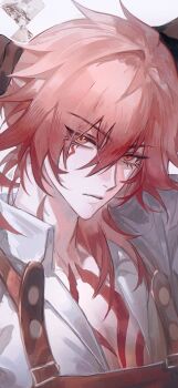 Rule 34 | 1boy, adjusting hair, apron, blonde hair, brown apron, chest tattoo, chinese commentary, collared shirt, commentary request, facial tattoo, gradient hair, highres, honkai: star rail, honkai (series), huuuhjjj, male focus, medium hair, multicolored hair, mydei (delicacies) (honkai: star rail), mydei (honkai: star rail), official alternate costume, red hair, red tattoo, shirt, solo, tattoo, white shirt, yellow eyes