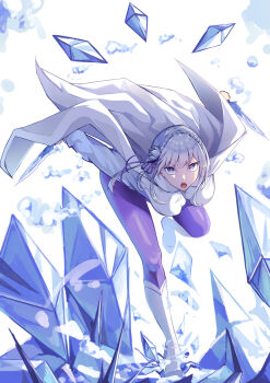 1girl absurdres bodysuit boots breasts cape chwigeusa commentary_request cropped_shirt crystal dual_wielding emilia_(re:zero) flower full_body grey_hair hair_flower hair_ornament highres holding holding_weapon knee_boots knife leaning_forward looking_at_viewer medium_breasts official_alternate_costume open_mouth purple_bodysuit purple_eyes re:zero_kara_hajimeru_isekai_seikatsu shirt solo weapon white_boots white_cape white_shirt
