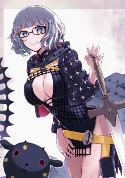 1girl absurdres baby_animal belt black_dress black_jacket blue_eyes breasts cleavage cropped_jacket dress fate/grand_order fate_(series) glasses grey_hair highres hood hooded_jacket jacket jacques_de_molay_(foreigner)_(fate) jacques_de_molay_(foreigner)_(second_ascension)_(fate) kotou_mai lamb large_breasts long_sleeves looking_at_viewer open_clothes open_jacket sheep short_dress short_hair smile sword thighs weapon