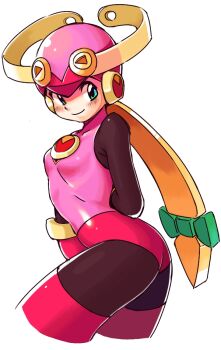 00s 1girl arm_behind_back ass blush bodysuit capcom cropped_legs female_focus green_eyes latex latex_suit leotard looking_at_viewer mega_man_(series) mega_man_battle_network mega_man_battle_network_(series) oyatsu_(mk2) roll.exe_(mega_man) simple_background smile solo white_background