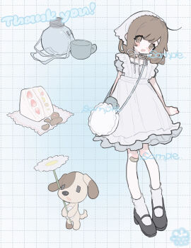 1girl am314 apron black_shoes blue_background blue_dress blush brown_eyes brown_hair canteen commentary_request commission cup dog dress flower fruit_sandwich full_body grid_background headscarf highres holding holding_flower mary_janes open_mouth original sample_watermark shoes short_hair short_sleeves simple_background skeb_commission smile socks solo watermark white_apron white_background white_flower white_socks