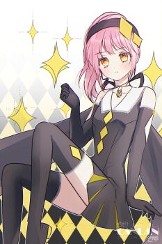 Rule 34 | 1girl, amulet dia, black boots, black dress, black gloves, boots, closed mouth, commentary request, dress, elbow gloves, gloves, headset, highres, hinamori amu, invisible chair, korean commentary, lan lan, magical girl, pink hair, ponytail, shugo chara!, sidelocks, sitting, solo, sparkle, thigh boots, twitter username, yellow eyes