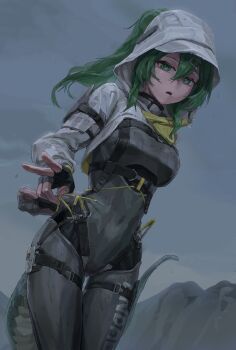 Rule 34 | 1girl, a tea, absurdres, arknights, arknights: endfield, black gloves, bodysuit, breasts, commentary request, covered navel, cropped jacket, cuffs, fingerless gloves, fluorite (arknights), gloves, green eyes, green hair, handcuffs, highres, hood, hood up, hooded jacket, jacket, latex, latex bodysuit, long hair, looking at viewer, medium breasts, open mouth, outdoors, ponytail, skin tight, skindentation, snake girl, snake tail, tail, teeth, thigh gap, thigh strap, upper teeth only