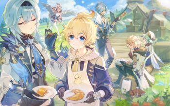 3boys 3girls :t ahoge albedo_(genshin_impact) amber_(100%_outrider)_(genshin_impact) amber_(genshin_impact) apron asymmetrical_hair black_footwear black_gloves black_hairband black_shorts blonde_hair blue_cape blue_eyes blue_flower blue_gloves blue_hair blue_jacket blue_necktie blue_sky blue_vest blurry blurry_background blush book boots box braid brown_hair cape clipboard closed_eyes closed_mouth cloud coat commentary_request crossed_legs dark-skinned_male dark_skin day eating eula_(genshin_impact) eyelashes eyepatch flower flying food fork fur_trim genshin_impact glasses gloves goggles goggles_on_head gold_trim green_hair grey_pants hair_between_eyes hair_intakes hair_ornament hair_over_shoulder hairband half_updo hand_up hat high-waist_shorts highres hill holding holding_food holding_fork holding_plate holding_skewer hood hood_down hooded_coat hoodie jacket juliet_sleeves kaeya_(genshin_impact) lantern lapels light_brown_hair light_rays log long_hair long_sleeves looking_at_another low_ponytail medium_hair mika_(genshin_impact) multiple_boys multiple_girls necktie one_eye_covered open_book open_mouth orange_flower outdoors pants parted_bangs path plate ponytail profile puffy_sleeves red_shorts red_thighhighs road rock shirt short_hair short_shorts shorts sidelocks sitting sitting_on_log skewer sky smile stairs sucrose_(genshin_impact) swept_bangs tent thigh_boots thighhighs thighhighs_under_boots tiny_(0v0) tree two-tone_gloves vambraces vest vision_(genshin_impact) white_apron white_coat white_footwear white_hoodie white_shirt wide_sleeves wind_glider wooden_box