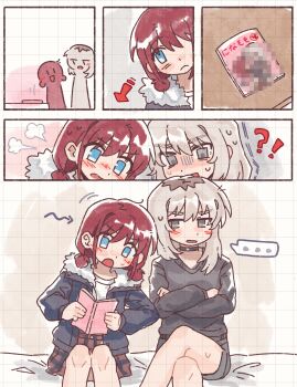 ... 2girls black_choker black_shorts black_sweater blue_jacket blush censored choker content_rating fur-trimmed_jacket fur_trim girls_band_cry grey_eyes grey_hair highres iseri_nina jacket kawaragi_momoka long_hair mosaic_censoring multiple_girls open_mouth plaid_clothes plaid_skirt pleated_skirt pornography red_hair red_skirt short_twintails shorts skirt spoken_ellipsis sweatdrop sweater tutai twintails yuri yuri_(object)