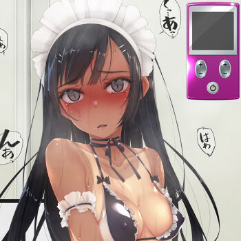 1girl arm_garter bare_shoulders bikini black_bikini black_eyes black_hair blush breasts cleavage collarbone controller covered_erect_nipples embarrassed frilled_bikini frills hair_ornament hairclip half-closed_eyes hime_cut long_hair looking_up maid maid_bikini maid_headdress medium_breasts murakami_suigun neck_ribbon one-piece_tan open_mouth original remote_control ribbon rolling_eyes sex_toy shiny_skin side-tie_bikini_bottom solo standing sweat swept_bangs swimsuit tan tanline tears unconventional_maid underwear