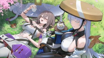 2girls absurdres bare_shoulders bird blue_hair blush breasts brown_hair cleavage closed_eyes goddess_of_victory:_nikke grey_eyes highres hood_(james_x) large_breasts long_hair looking_at_viewer lying multiple_girls nayuta_(nikke) on_back open_mouth scarlet_(nikke) sideboob smile