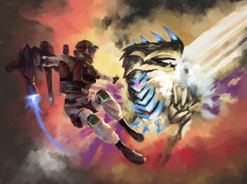 1boy air_raider_(edf) commentary earth_defense_force earth_defense_force_5 erginus explosion flying helmet highres jetpack kaiju laser laser_pointer laser_pointer_projection riki6